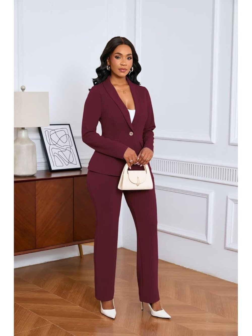 Women's Red 2 Piece Pant Suits Dressy Blazer Straight Leg Set Formal Outfits - Picture 3 of 6